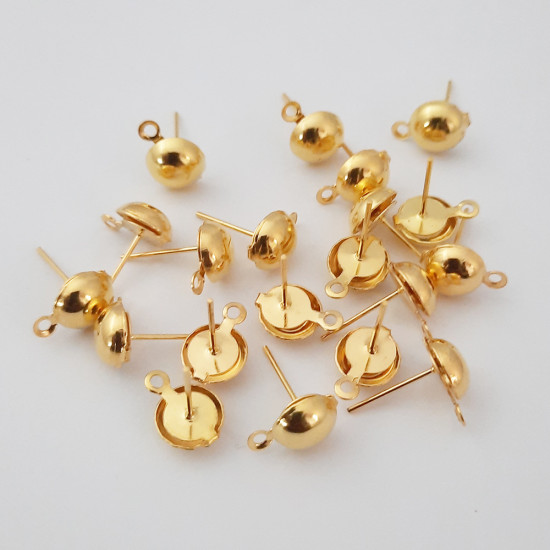 Earring Studs 8mm - Round With Flat Base - Golden Finish - 10 Pairs