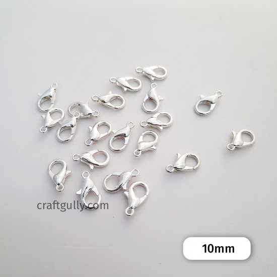 Lobster Claw Clasps 10mm - White Silver Finish - 20 Clasps