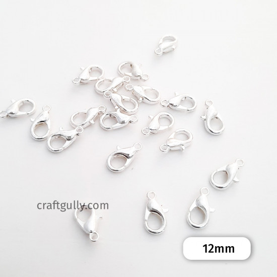 Lobster Claw Clasps 12mm - White Silver Finish - 20 Clasps