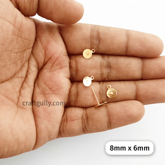 Earring Studs 8mm - Flat With Loops - Golden Finish - 25 Pairs
