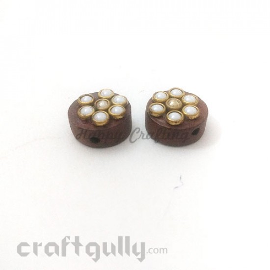 Wooden Buttons #4 - 16mm Round With Pearls - 2 Buttons