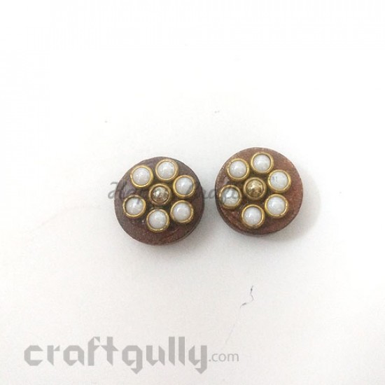 Wooden Buttons #4 - 16mm Round With Pearls - 2 Buttons