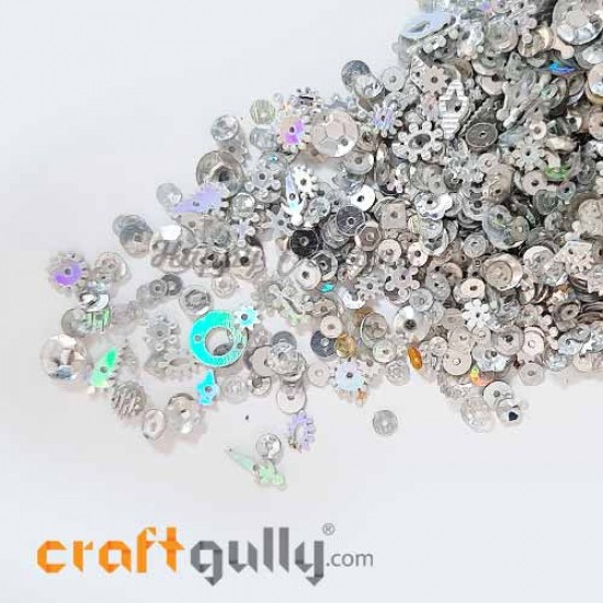 Sequins - Assorted Shapes - Silver With Lustre - 20gms
