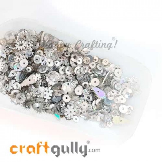 Sequins - Assorted Shapes - Silver With Lustre - 20gms