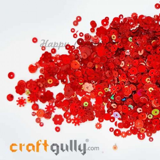 Sequins - Assorted Shapes - Red With Lustre - 20gms