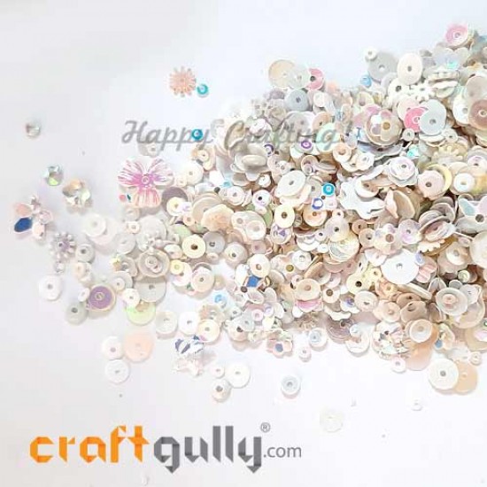 Sequins - Assorted Shapes - White With Lustre - 20gms