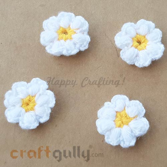 Handmade Flowers Woollen #1 - White & Yellow - Pack of 4