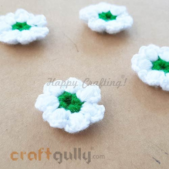 Handmade Flowers Woollen #2 - White & Green - Pack of 4