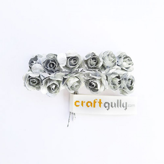 Paper Flowers 18mm - Rose - Metallic Silver - 12 Roses