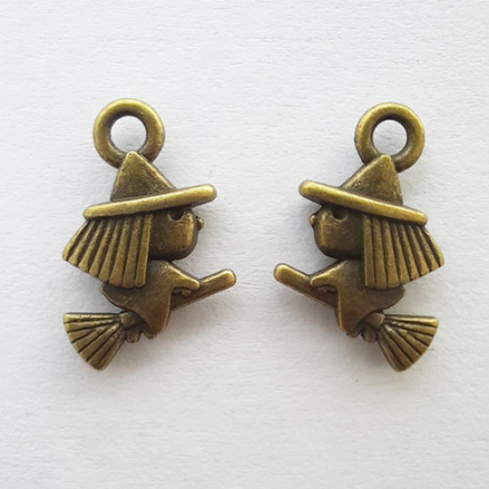 Charms 13mm Metal - Witch On Broom - Bronze - Pack of 2
