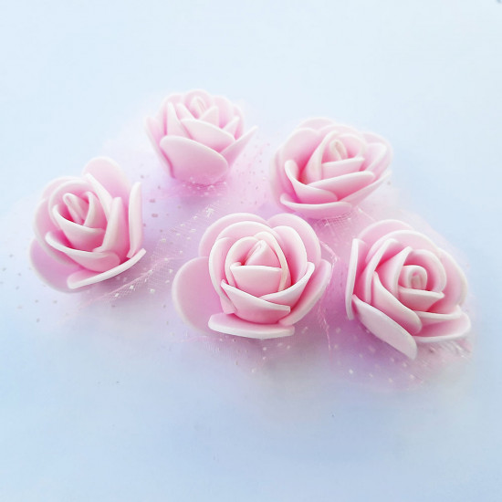 Foam Flowers #4 - 30mm Rose Baby Pink With Net - 5 Roses