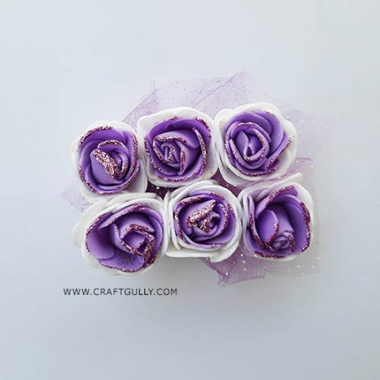 Foam Flowers #6 - 28mm Rose - Lilac & White With Glitter - 6 Roses