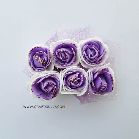 Foam Flowers #6 - 28mm Rose - Lilac & White With Glitter - 6 Roses Foam Flowers #6 - 28mm Rose - Lilac & White With Glitter - 6 Roses