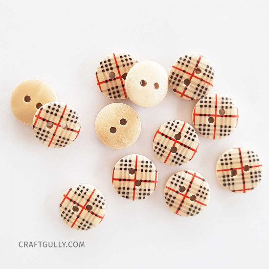Wooden Buttons #13 - 15mm Round With Pattern - 12 Buttons