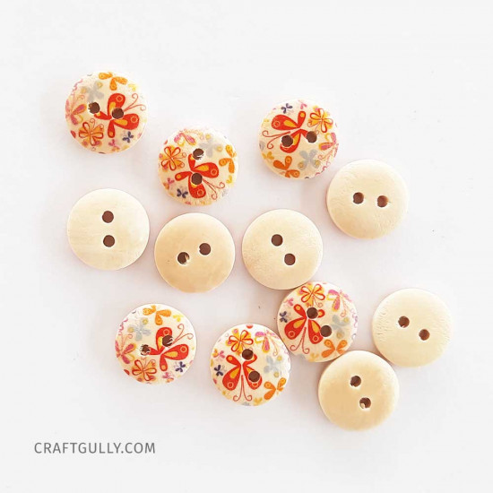 Wooden Buttons #14 - 15mm Round With Pattern - 12 Buttons