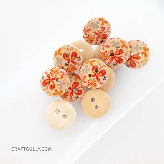 Wooden Buttons #14 - 15mm Round With Pattern - 12 Buttons