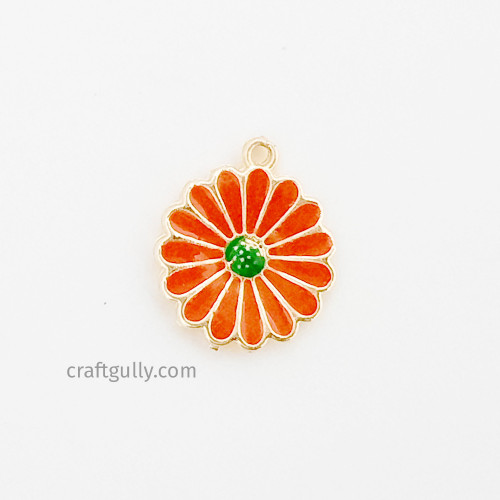 Metal Charms 21mm - Enamel Flower #18 - Orange - 1 Charm