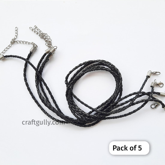 Necklace Cords - Faux Leather Braided - Black - Pack of 5