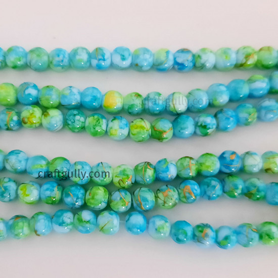 Mottled Glass Beads 8mm - Blue, Green & Golden - 1 String