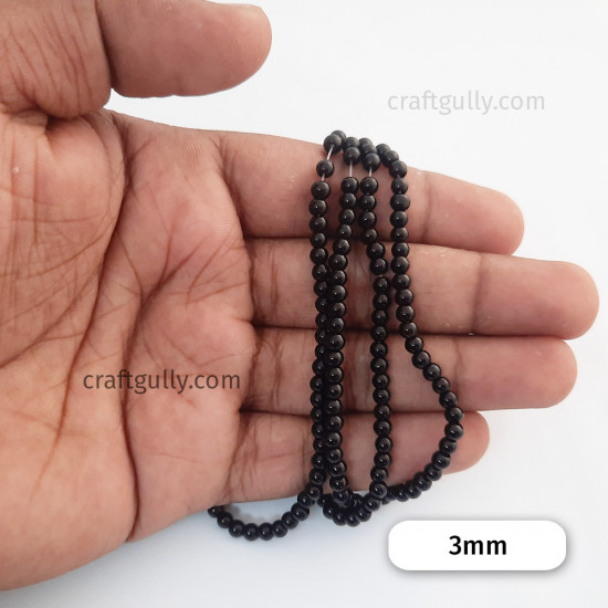 Glass Beads 3mm Round - Black - 1 String