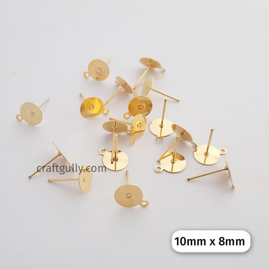 Earring Studs 10mm - Flat With Loops - Golden Finish