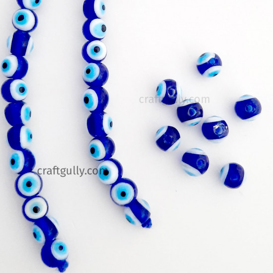 Glass Beads 8mm Evil Eye Round - Blue - 5 Beads