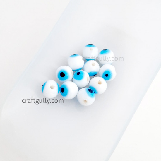 Glass Beads 8mm Evil Eye Round - White - 5 Beads
