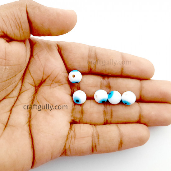 Glass Beads 8mm Evil Eye Round - White - 5 Beads