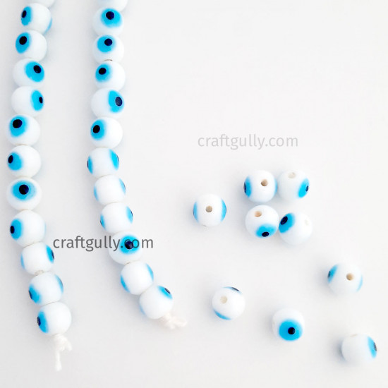 Glass Beads 8mm Evil Eye Round - White - 5 Beads