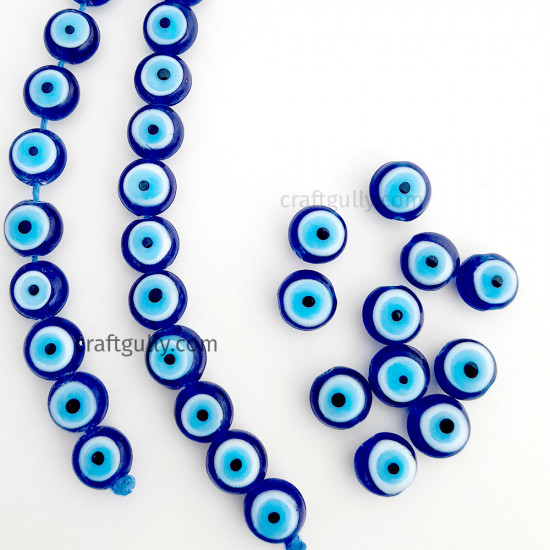 Glass Beads 11mm Evil Eye Disc - Blue - 5 Beads