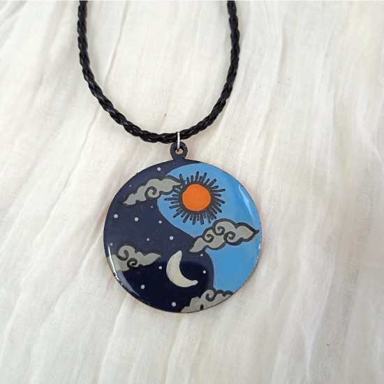 Hand Painted Sun & Moon Pendant With Necklace Cord