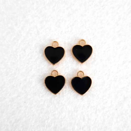 Enamel Charms 12mm - Heart #7 - Black - 4 Charms