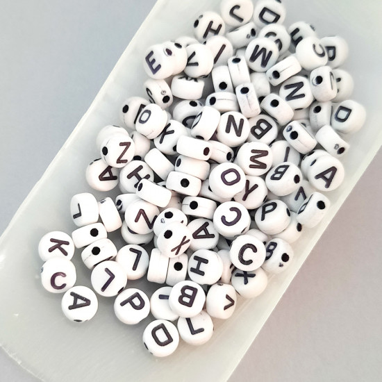Acrylic Beads 7mm Alphabet Disc - White & Black - 140 Beads