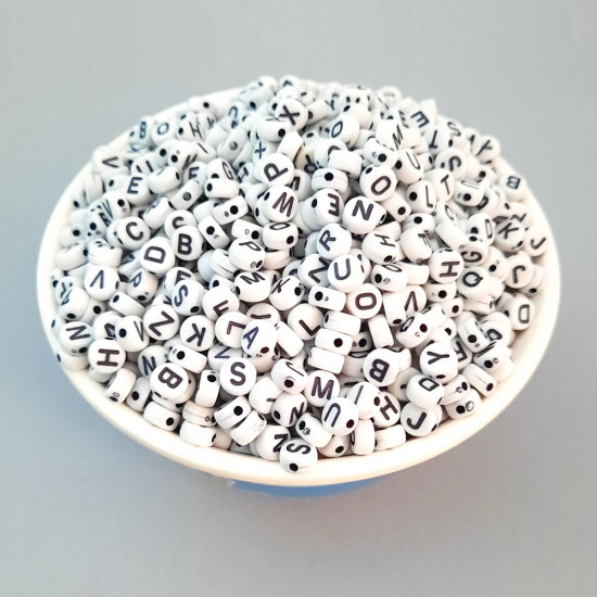 Acrylic Beads 7mm Alphabet Disc - White & Black - 140 Beads