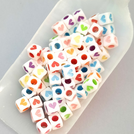 Acrylic Beads 7mm Cube Heart - Assorted - 75 Beads