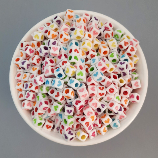 Acrylic Beads 7mm Cube Heart - Assorted - 75 Beads