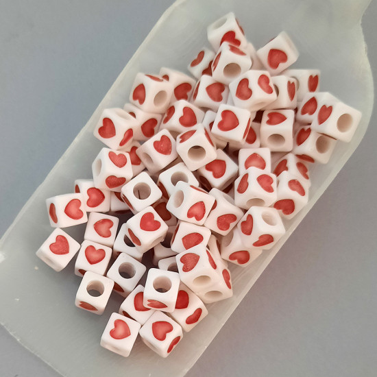 Acrylic Beads 7mm Cube Heart - White & Red - 75 Beads