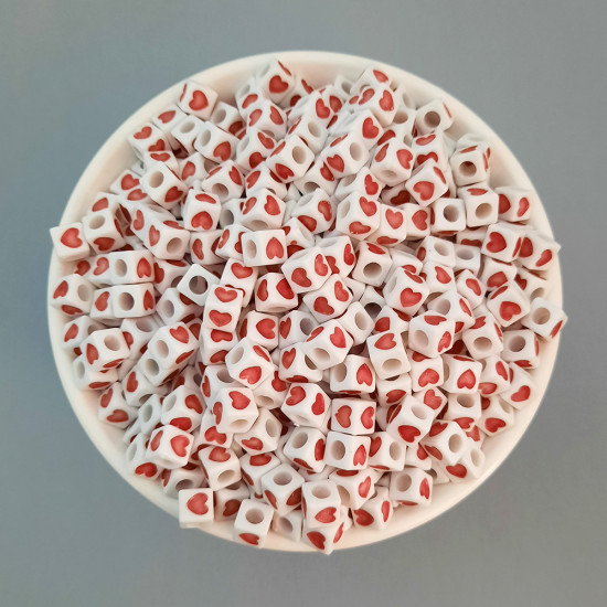 Acrylic Beads 7mm Cube Heart - White & Red - 75 Beads