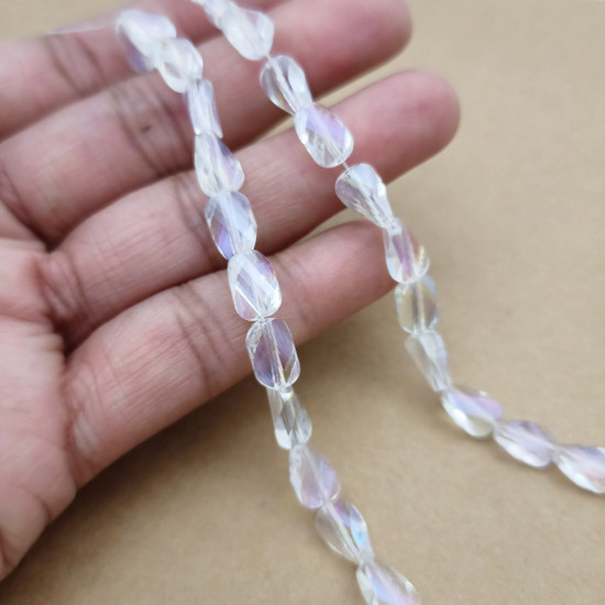 Glass Beads 9mm Oval Twisted Faceted - Clear & Lustre - 1 String / 30 Beads
