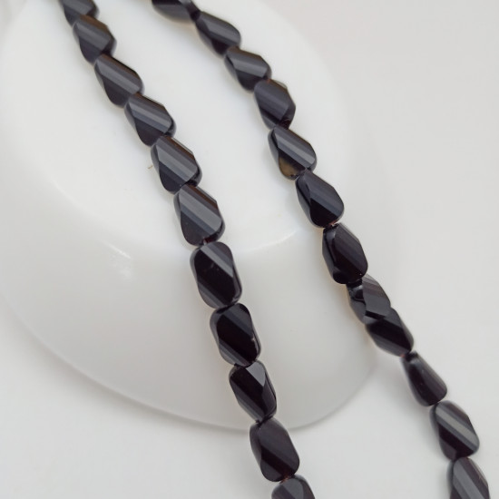 Glass Beads 9mm Oval Twisted Faceted - Black - 1 String / 30 Beads