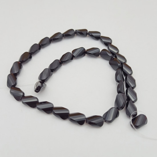 Glass Beads 9mm Oval Twisted Faceted - Black - 1 String / 30 Beads