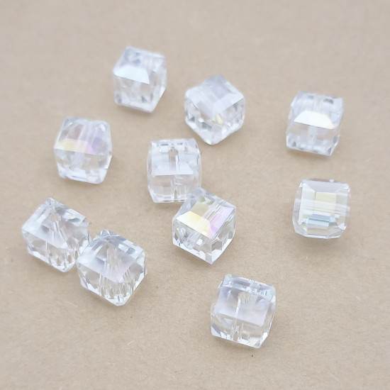 Glass Beads 11mm Cube Faceted - Clear & Lustre - 10 Beads