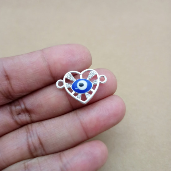 Connectors #128 - 22mm - 1/1 Rings - Heart With Evil Eye - Silver & Blue - 1 Pcs
