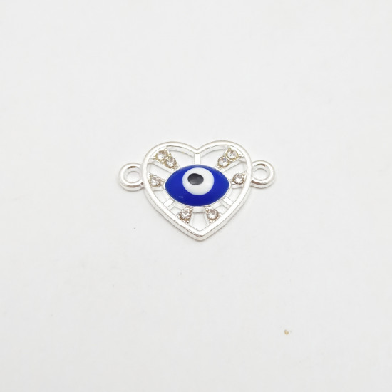 Connectors #128 - 22mm - 1/1 Rings - Heart With Evil Eye - Silver & Blue - 1 Pcs