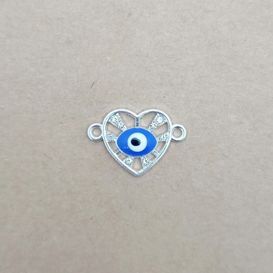 Connectors #128 - 22mm - 1/1 Rings - Heart With Evil Eye - Silver & Blue - 1 Pcs