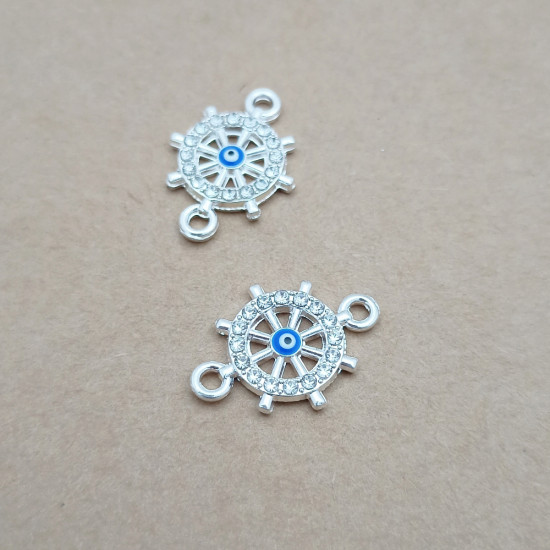 Connectors #129 - 21mm - 1/1 Rings - Wheel With Evil Eye - Silver & Blue - 2 Pcs