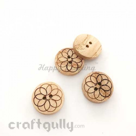 Wooden Buttons 20mm - Round With Flower - Design #2 - Natural - Pack of 4