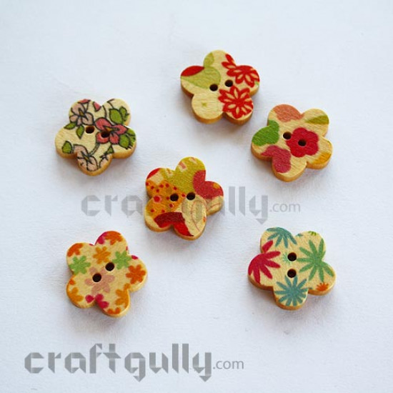 Wooden Buttons - Flowers - Pack of 6