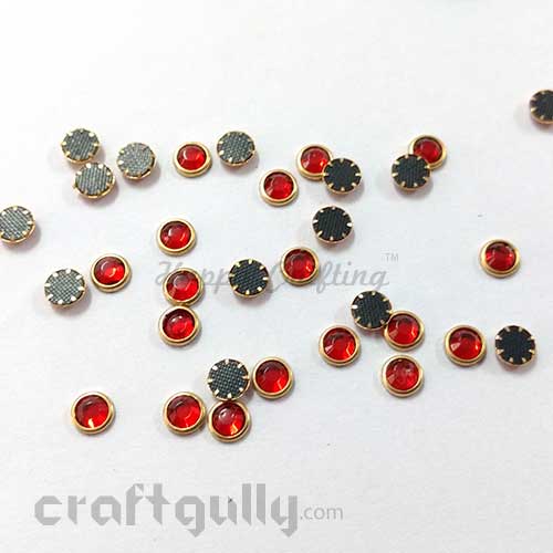 Rhinestones 6mm - Round Faceted - Red with Gold Setting - 5gms