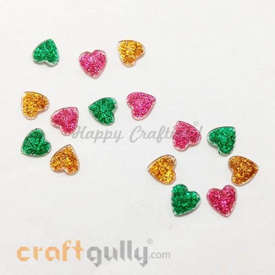 Flatback Acrylic 7mm Heart - Assorted With Glitter - Pack of 15